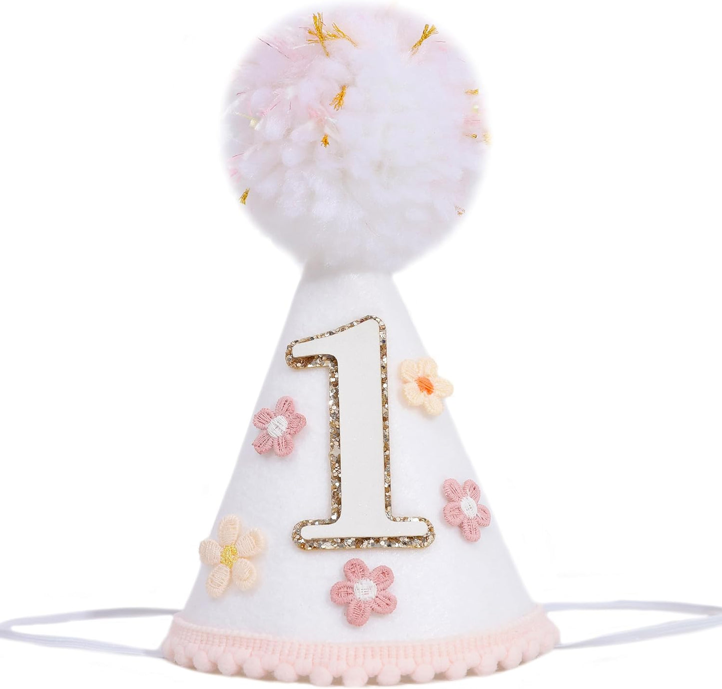 YOUAME Boho Daisy Flower Birthday Party Hat For Girls - Floral First Birthday Decorations, Boho Daisy Felt One Year Cone Hat, Groovy Flower Cake Smash Photo Props