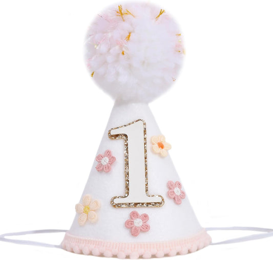 YOUAME Boho Daisy Flower Birthday Party Hat For Girls - Floral First Birthday Decorations, Boho Daisy Felt One Year Cone Hat, Groovy Flower Cake Smash Photo Props