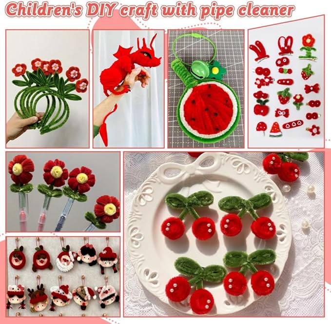 620 Pieces Red Pipe Cleaners Craft Set, 600 Pcs Plum Chenille Stems with 20 Pcs Flower Stems, Craft Supplies Bulk for DIY Art and Craft Projects Creative Gift Wrapping Party Decorations(Red Series)