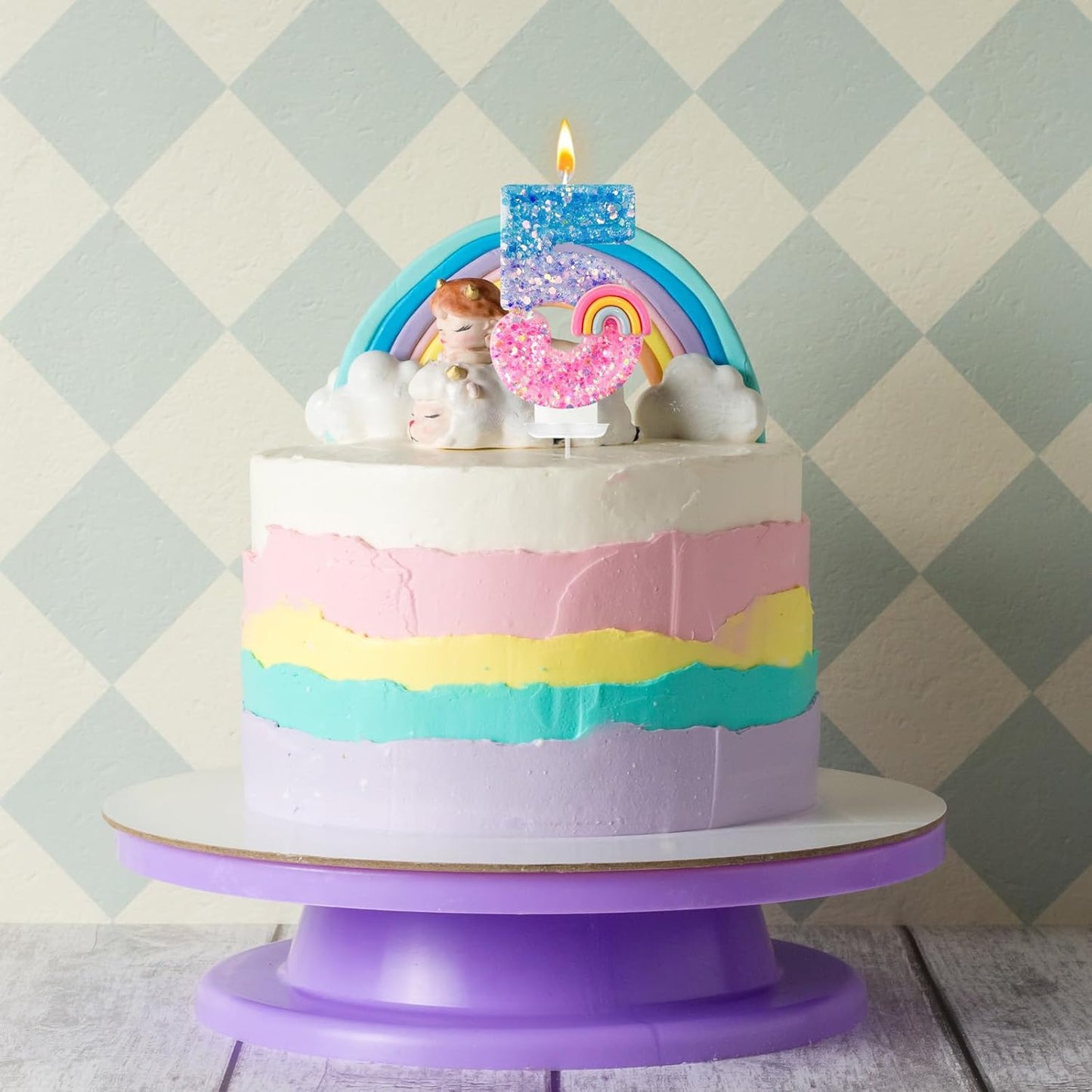 Rainbow Birthday Number Candles, Number 5 Candles, Cupcake Decorations, Macaron Birthday Cake Decorations, Cartoon Theme Party Supplies (Number 5)