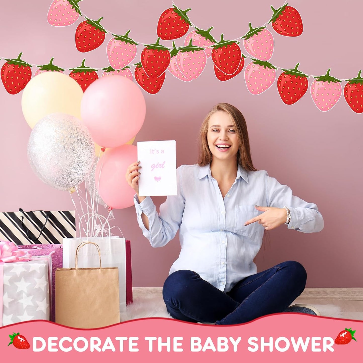 Lewtemi 4 Pcs Berry First Birthday Decor Strawberry Baby Shower Decorations Hanging Banner Berry Garland for Strawberry Themed Party Favors Supplies(Red, Pink)