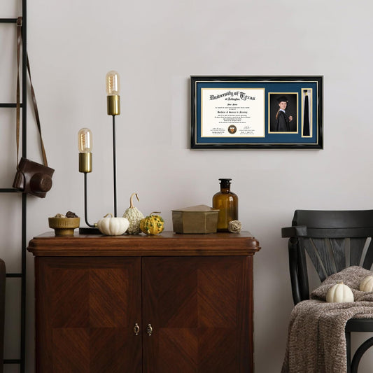 GraduationMall 11x22 Black Diploma Frame with Tassel Holder and Picture for 8.5x11 Certificate 5x7 Photo,Tempered Glass,Navy over Gold Mat