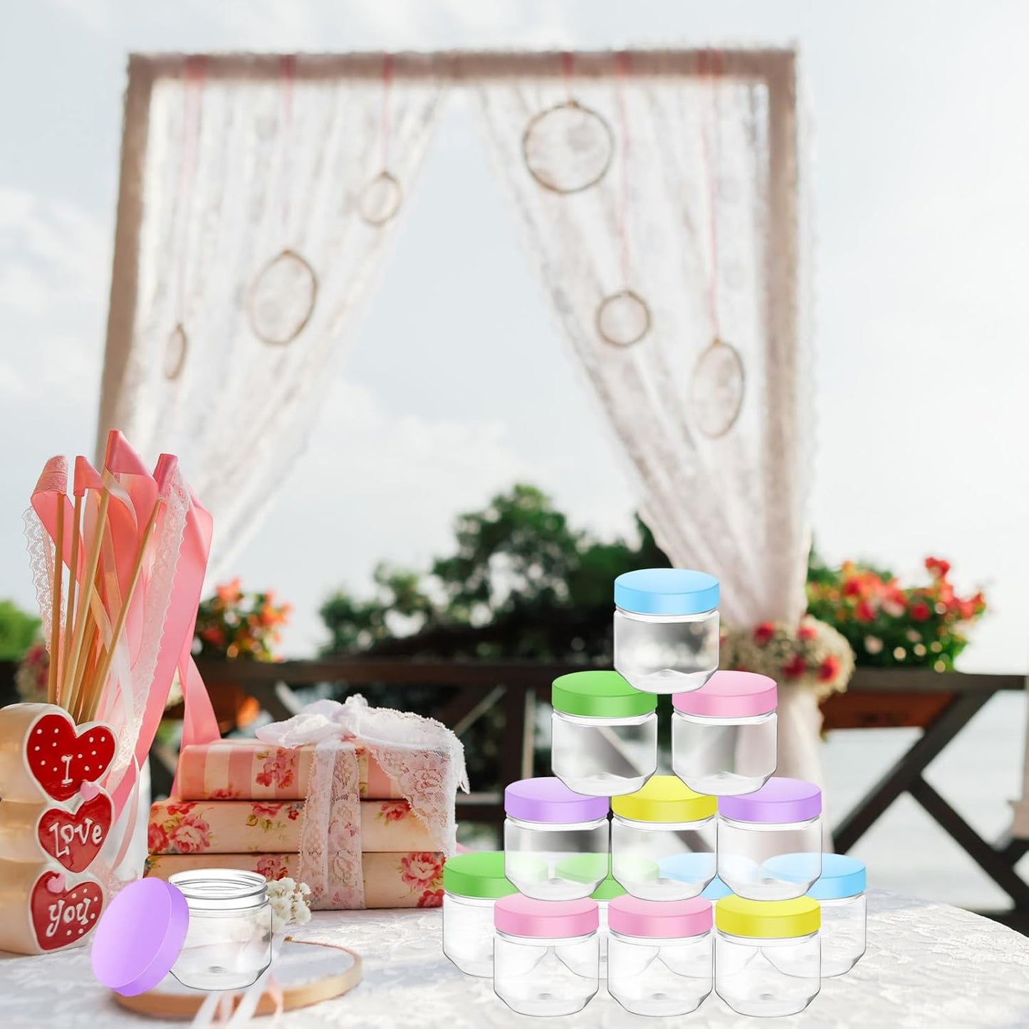 Tanlade 60 Pcs 3 oz Clear Plastic Jars with Lids Wide Mouth Mason Jars Mini Storage Containers Bulk for Herb Jelly Wedding Valentine Favors Shower Party Favors(Colorful)