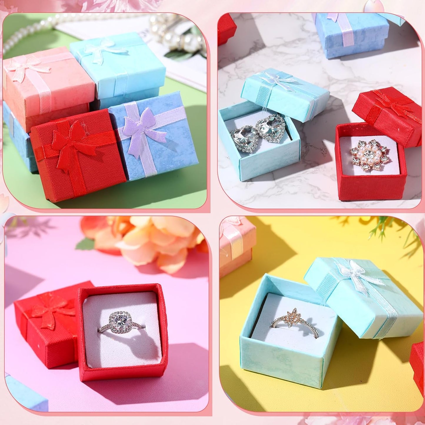 72 Pcs Ring Boxes 1.6 x 1.6 In Hard Cardboard Jewelry Box with Ribbon Bow Small Jewelry Gift Cases for Small Business(Stylish Color)