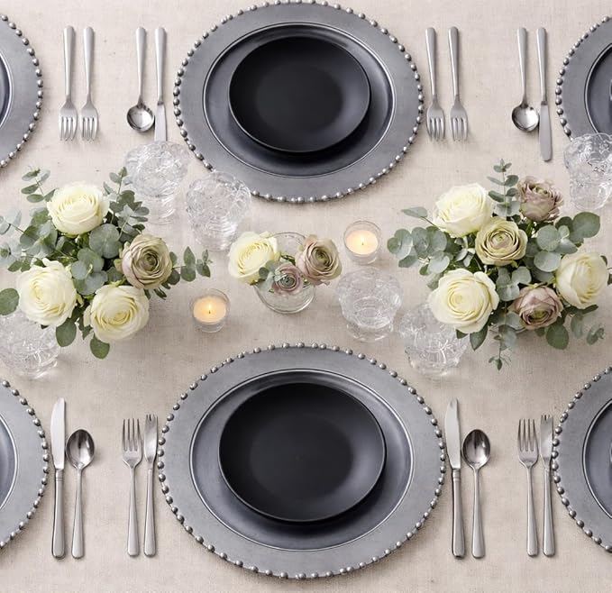PLASTICPRO Silver Plastic Charger Plates with Beaded Edge – Pack of 4 – 13" Elegant Round Disposable Chargers for Weddings, Events, Parties, and Dinners