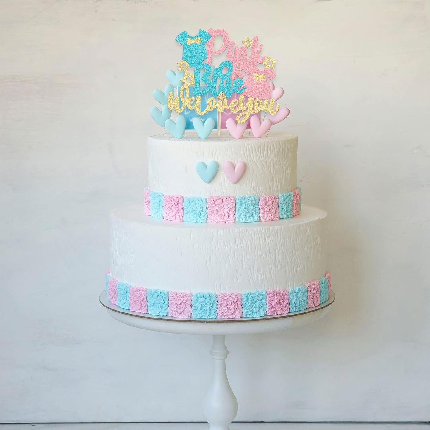 1Pc Pink or Blue Cake Topper with Glitter Onesie Dress We Love You Cake Pick Gender Reveal Cake Decorations for Baby Shower Gender Reveal Theme Kids Boys Girls Birthday Party Decoration Supplies