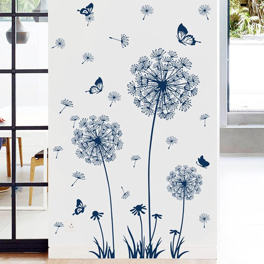 2 Set Dandelion Wall Decals Peel and Stick Blue Dandelion Wall Stickers Large Floral Wall Stickers & Murals Flower Wall Decals for Living Room Bedroom Bathroom Restroom Roommates Vinyl Wall Art