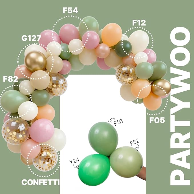 PartyWoo Pink and Green Balloons 65pcs 12 Inch Metallic Gold Sand White Sage Green Nude Dusty Pink Gold Confetti Balloons for Baby Shower Wedding Engagement Princess Birthday Party Decorations