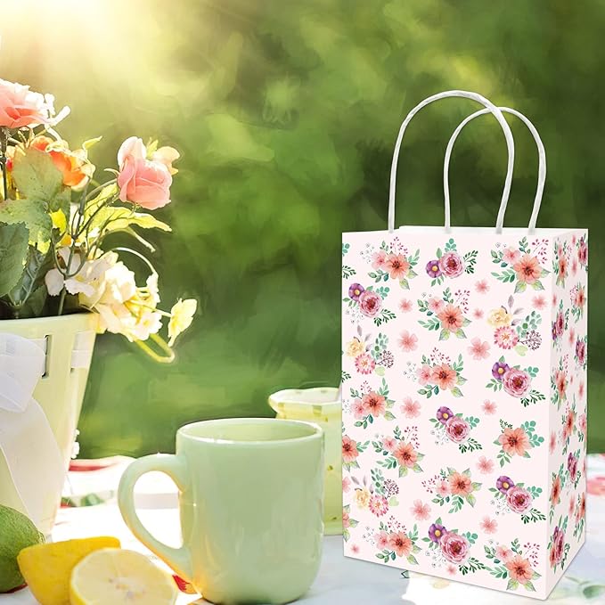 Fancy Land Floral Gift Bags with Handles Spring Paper Party Favor Bag for Wedding Birthday Bridal Baby Shower 24 Pack