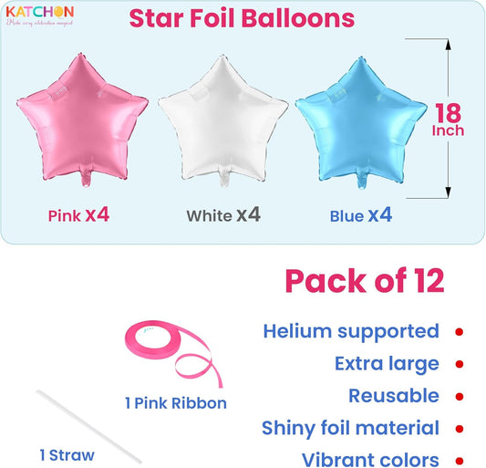 KatchOn, Huge Pink Blue and White Star Balloons - 18 Inch, Pack of 12 | Star Foil Balloons for Gender Reveal Decorations | Baby Shower Decorations, Gender Reveal Balloon | Birthday decorations