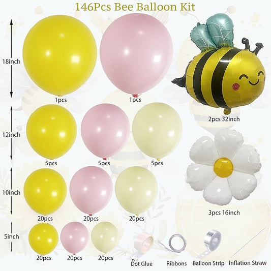 146PCS Bee Balloon Arch Garland Kit with Yellow Pastel Pink Daisy Balloons for Girls Bee Birthday Decorations, Mothers Day Party, Bear Baby Shower, Flower or Groovy Theme Decor