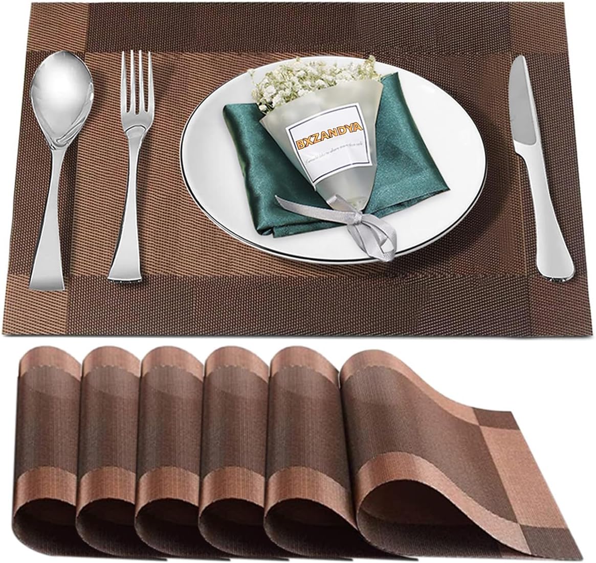 Placemats Set of 6,Washable,Heat and Stain Resistant Indoor/Outdoor Place mats,Vinyl Woven Non Slip Table Mats for Restaurant Table Protection,PVC Placemats(Brown,6PCS)