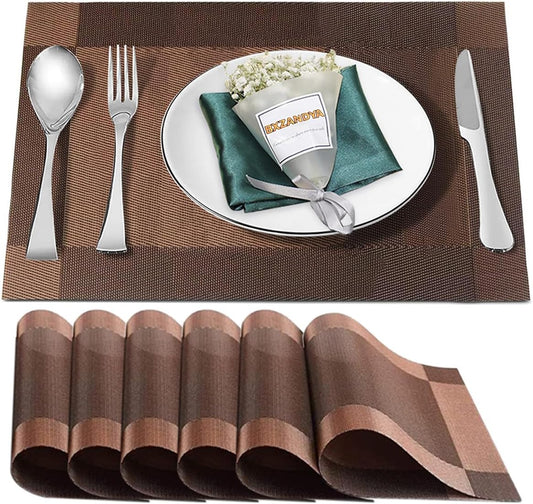 Placemats Set of 6,Washable,Heat and Stain Resistant Indoor/Outdoor Place mats,Vinyl Woven Non Slip Table Mats for Restaurant Table Protection,PVC Placemats(Brown,6PCS)