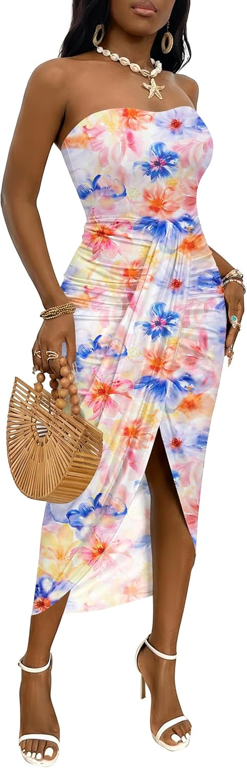 Umenlele Women's Strapless Ruched High Waist Wrap Split Asymmetrical Beach Maxi Long Dress