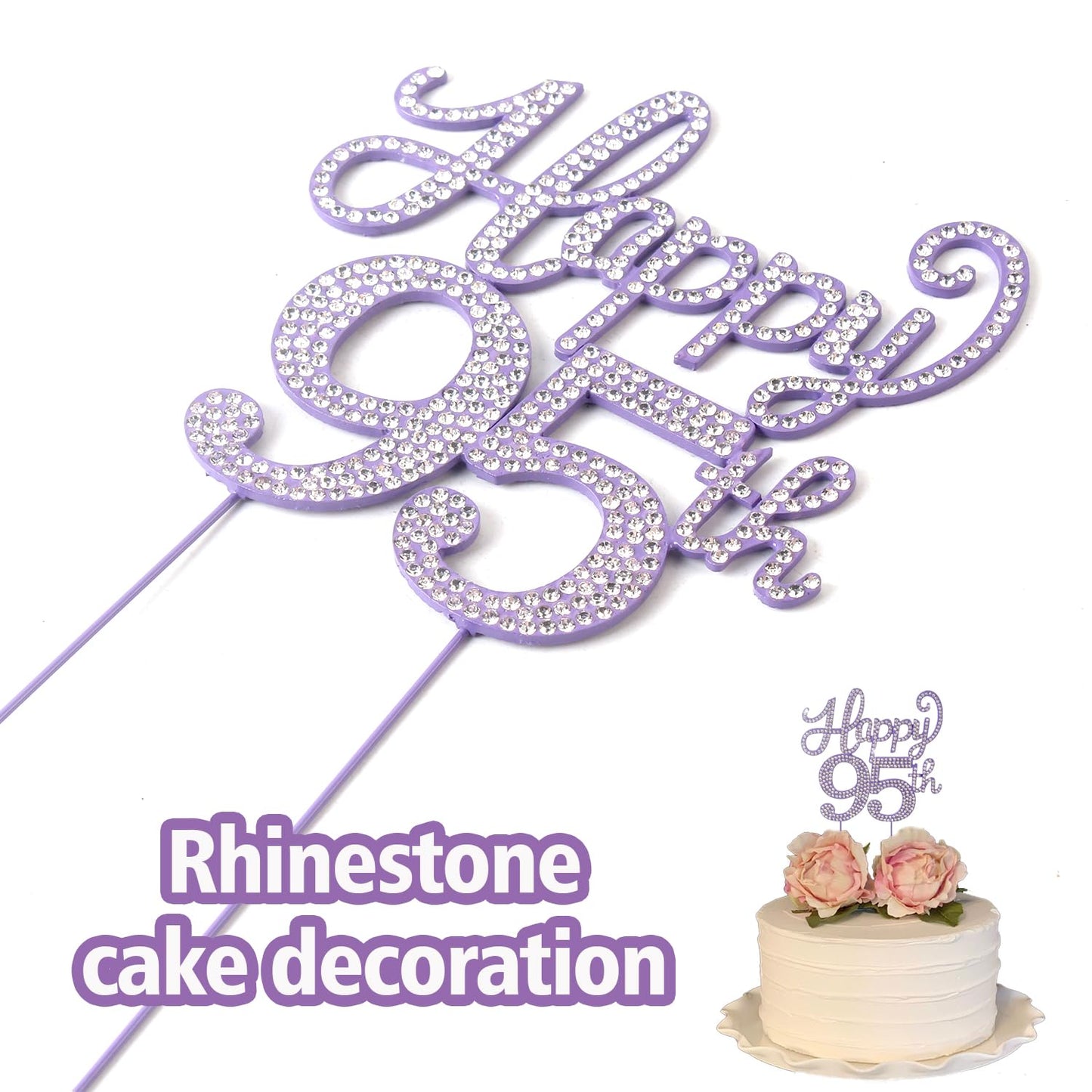 Happy 95th Birthday Purple Rhinestone Cake Topper - 95th Birthday/Anniversary,Cheers to 95 Years Old Bday Party Metal Sparkly Centerpieces Decorations.