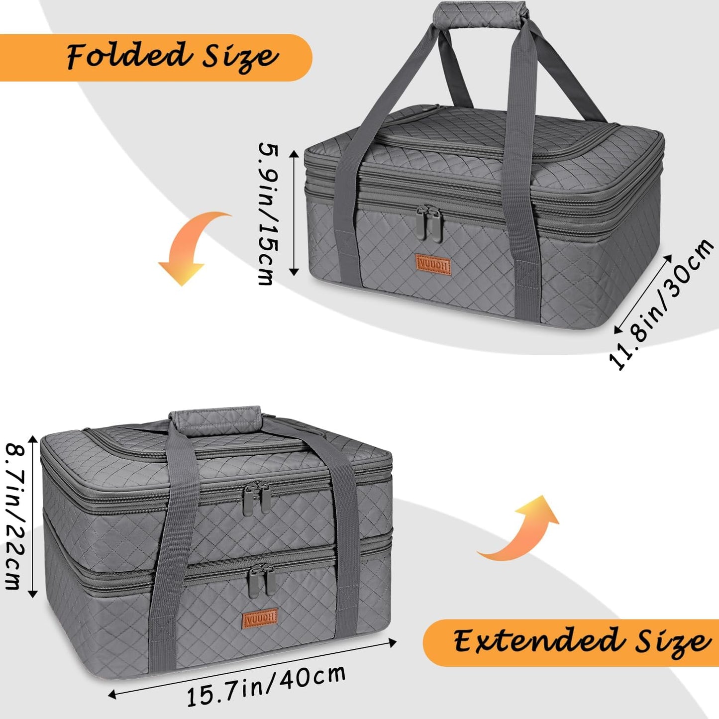 Vuudh Quilted Double Decker Casserole Carrier - Expandable Dish Carrying Case for Hot or Cold Food, Lasagna Holder for Potluck Parties, Picnic, Beach, Fits 9"×13" Baking Dish (Grey)