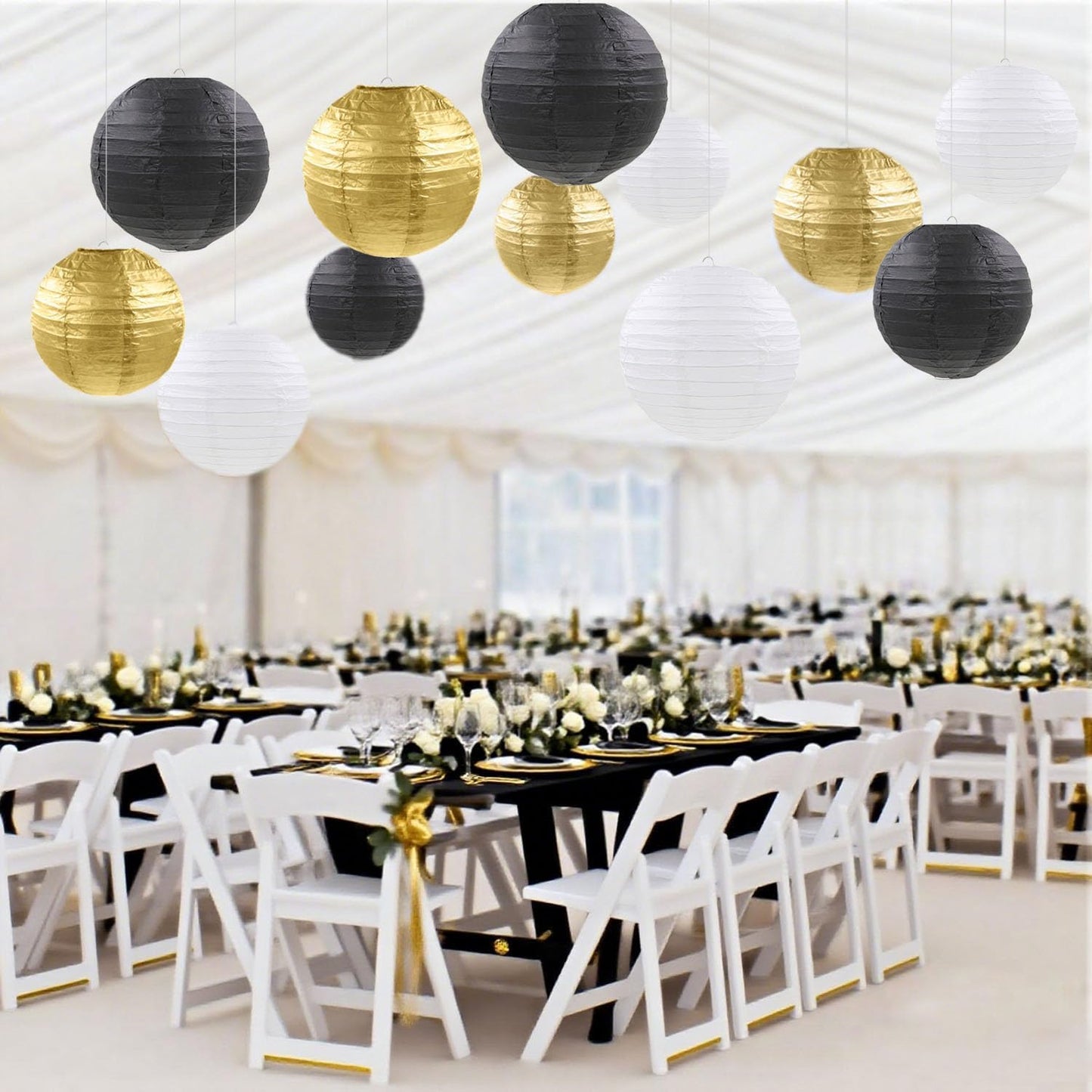 12 Pcs Black Gold White Paper Lanterns Black Gold Hanging Paper Lanterns for New Year Wedding Graduation Anniversary Birthday Party Home Graden Decor