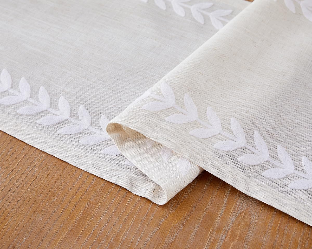 Wracra Embroidered Table Runner Irregular Willow Leaf Table Runners 90 Inches Long for Dresser Home Dining Table Decor,14 x 90 Inch, White