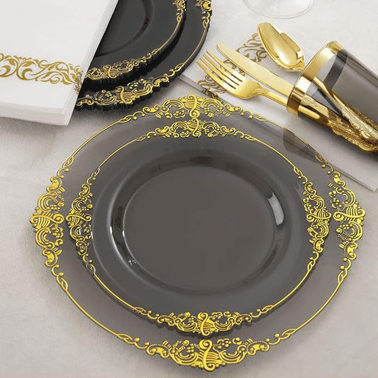 Nervure 175pcs Clear Black Plastic Plates - Gold Plastic Dinnerware Set for 25 Guests include 50 Disposable Plates,75 Gold Silverware,25 Cups,25 Napkins Perfect for Party&Independence Day
