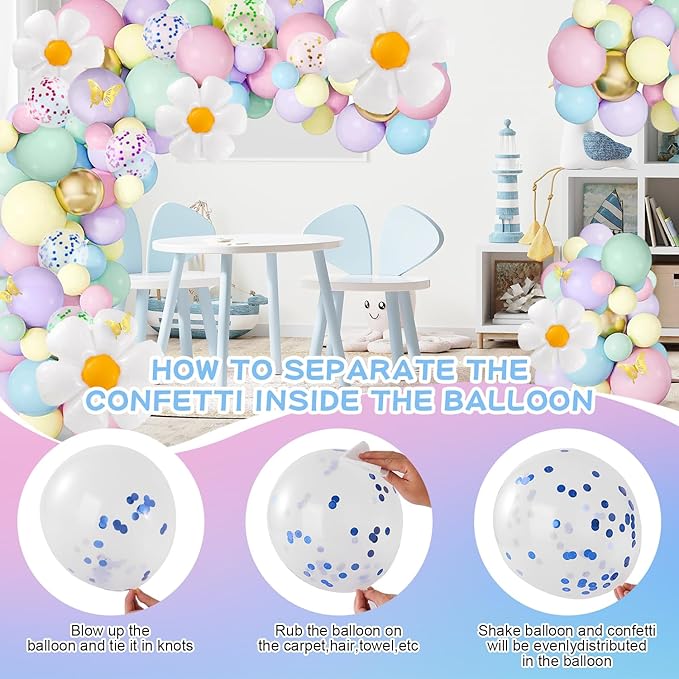 VinTS 150 PCS Daisy Pastel Balloon Garland Kit,White Daisy Flower Macaron Pastel Balloons Garland with Butterfly Stickers for Mothers Day Spring Easter Baby Shower Decoration