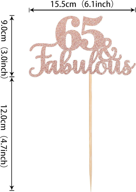 1 PCS 65 & Fabulous Cake Topper Glitter Sixty Five and Fabulous Cake Toppers Happy 65th Birthday Cake Pick for 65th Wedding Anniversary Birthday Party Cake Decorations Supplies Rose Gold
