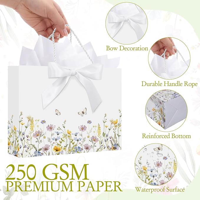 Maitys 12 Sets 13" Large Wildflower Gift Bag Spring Butterfly Floral Gift Bags with Tissue Papers, Ribbons and Greeting Cards for Wedding Bridal Shower Birthday Spring Tea Party Supplies