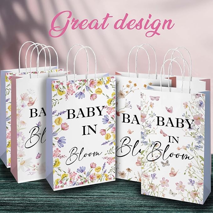wjrsxilt 16Pcs Bloom Wildflower Gift Bag for Girls,Baby In Bloom Decorations，Gender Reveal Gift Bag，Boho Sweet Baby 1st Birthday Party Supplies, Floral Paper Gifts Bag with Handle 8.6 * 5 * 3.7inch
