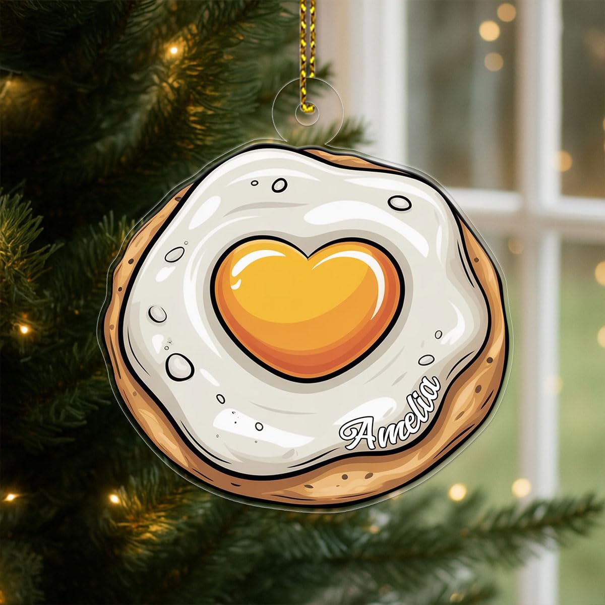 Personalized Heart Fried Egg Ornament, Custom Funny Christmas Ornament, Breakfast Lover Gift, Cooking Holiday Decoration, Unique Foodie Keepsake Acrylic Ornament – Personalized