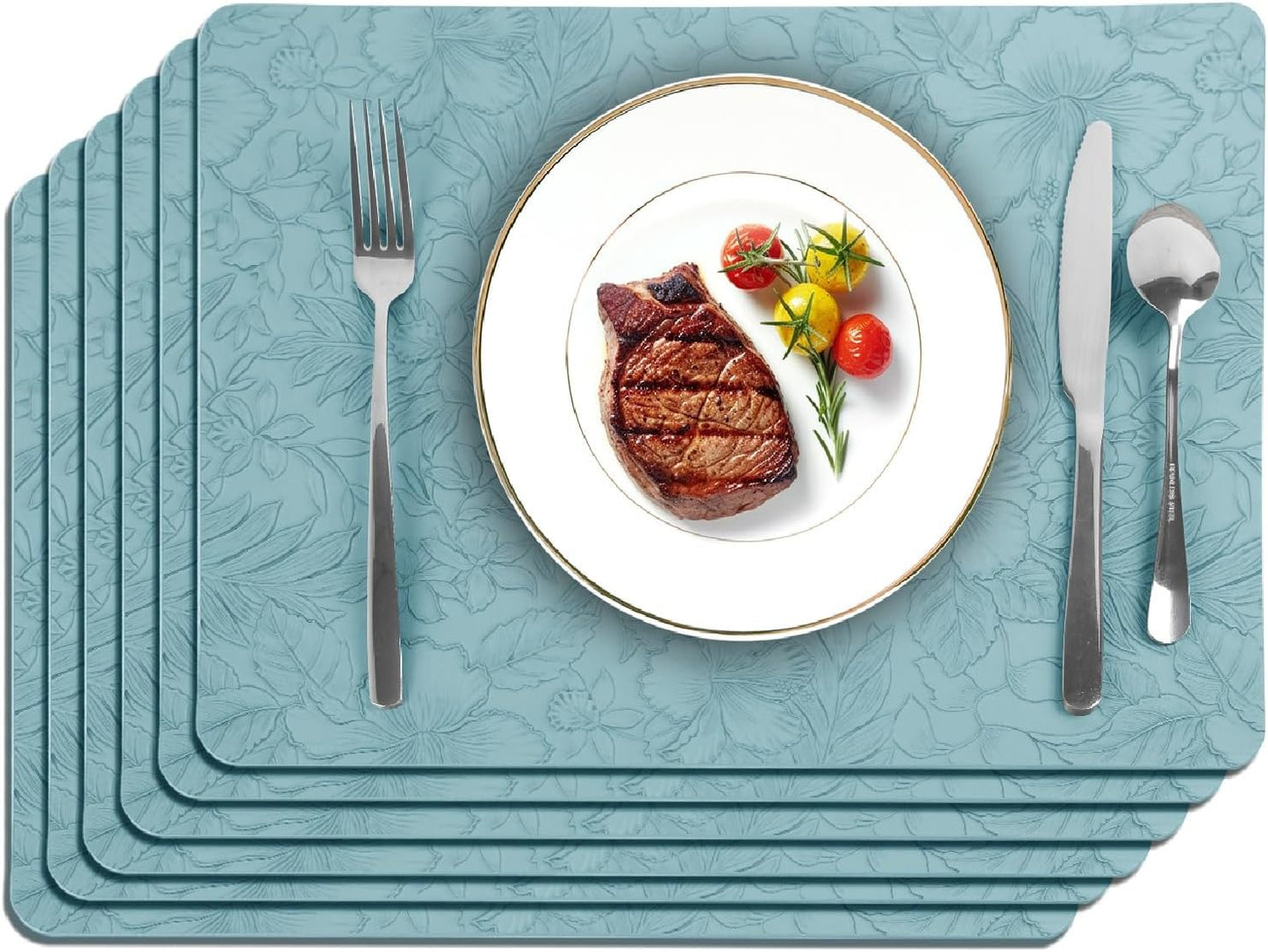 17" × 12" Faux Leather Placemats Set of 6, Ice Blue, Washable, Wipeable & Heat-Resistant Table Mats, Waterproof & Anti-Slip Dining Place Mats with Shallow Embossed Texture for Kitchen & Dining