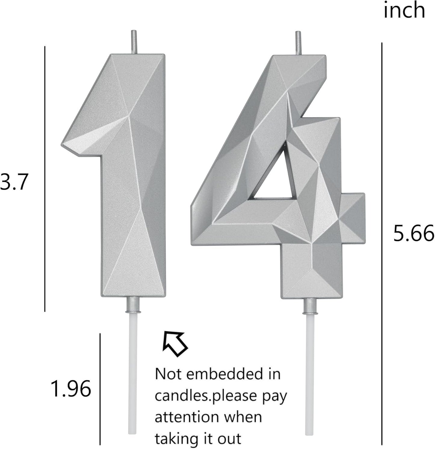 DERVENTA Birthday Candle Big Number 3D Silver 3.7 inch Party Celebration Anniversary Decoration Cake Topper 1 Piece (Number 14 Silver)