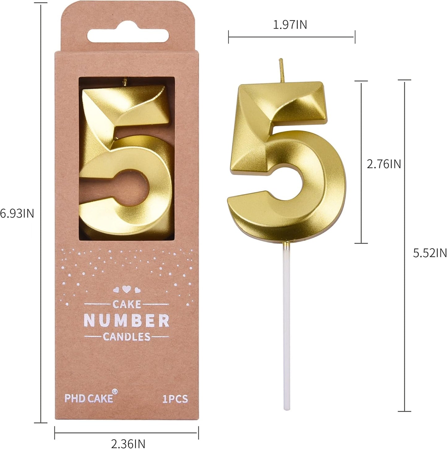 PHD CAKE 2.76 Inch Diamond Gold 5 Number Birthday Candles, Gold Number Candles, Cake Number Candles, Party Celebration