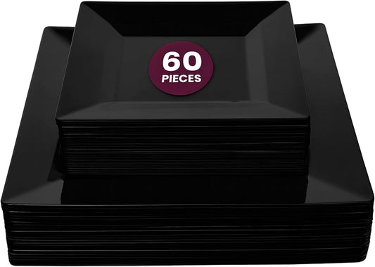 Aya's Square Plastic Plates - 6.5"/9.5" Black Disposable Plates for Party - Heavy-Duty Reusable Food Grade Plastic - 60 Count - Thick and Durable to Prevent Breaking - Ideal for Events and Gatherings