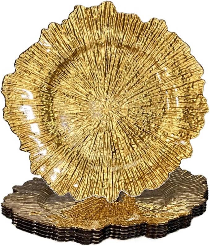 Gold Charger Plates,13 Inch Reef Plastic Chargers for Dinner Plate, Decorative Chargers for Wedding,Elegant Parties, Banquets and Table Decor(Set Of 6)