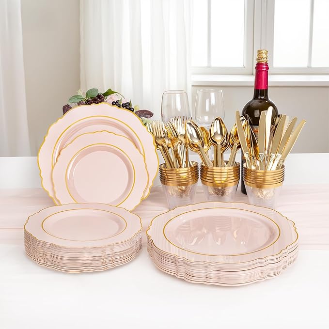 Liacere 700PCS Pink Plastic Plates-Dinnerware Sets for 100 Guests-200 Disposable Plates(10inch,7inch),300 Pink Plastic Silverware,100 Cups,100 Napkins for Wedding&Galentines Day&Easter Day