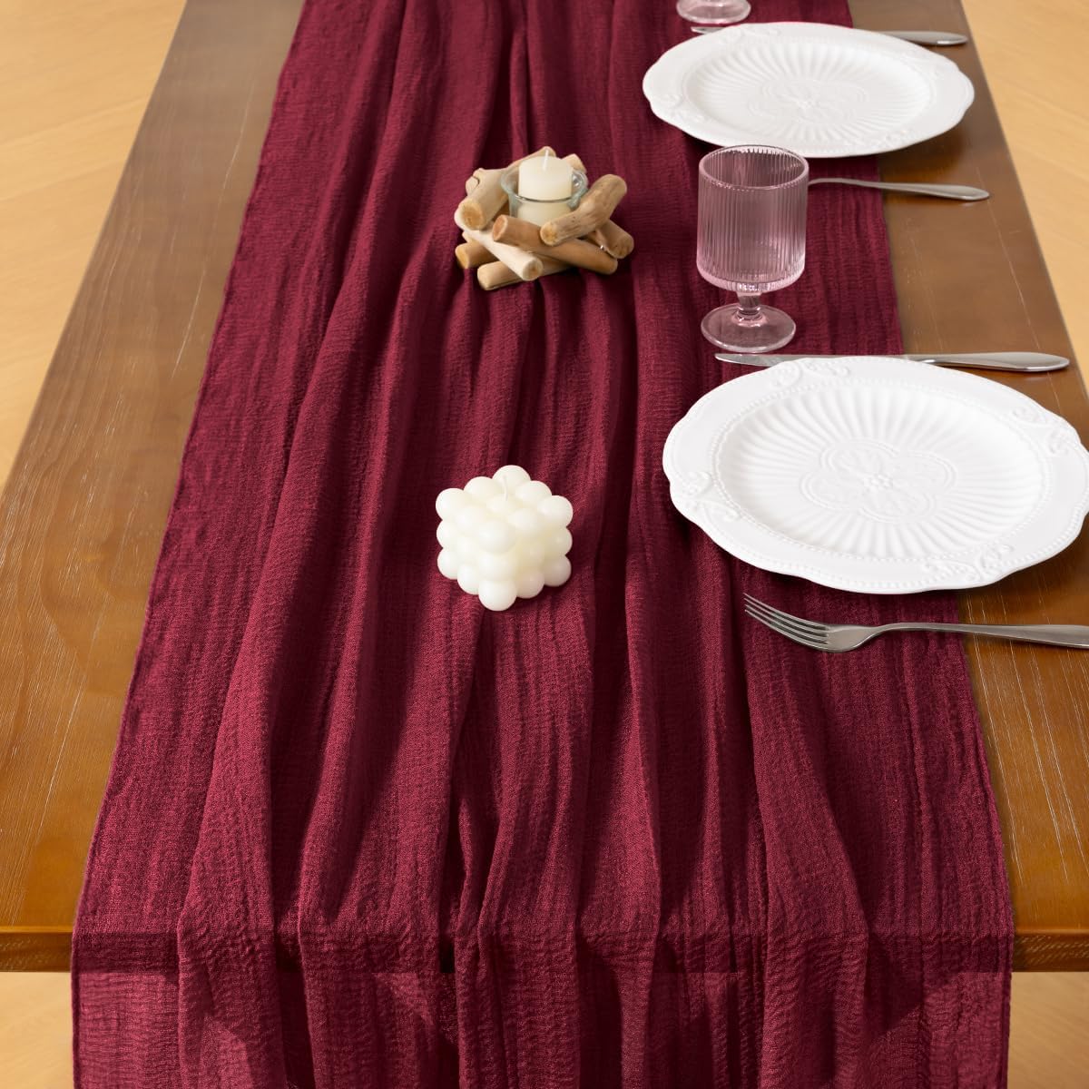 Socomi 6pcs Burgundy Gauze Cheesecloth Table Runner 120 Inch Rustic Boho Cheese Cloth Runner for Wedding Party Baby Bridal Shower Centerpiece Decoration Holiday Home Decorations