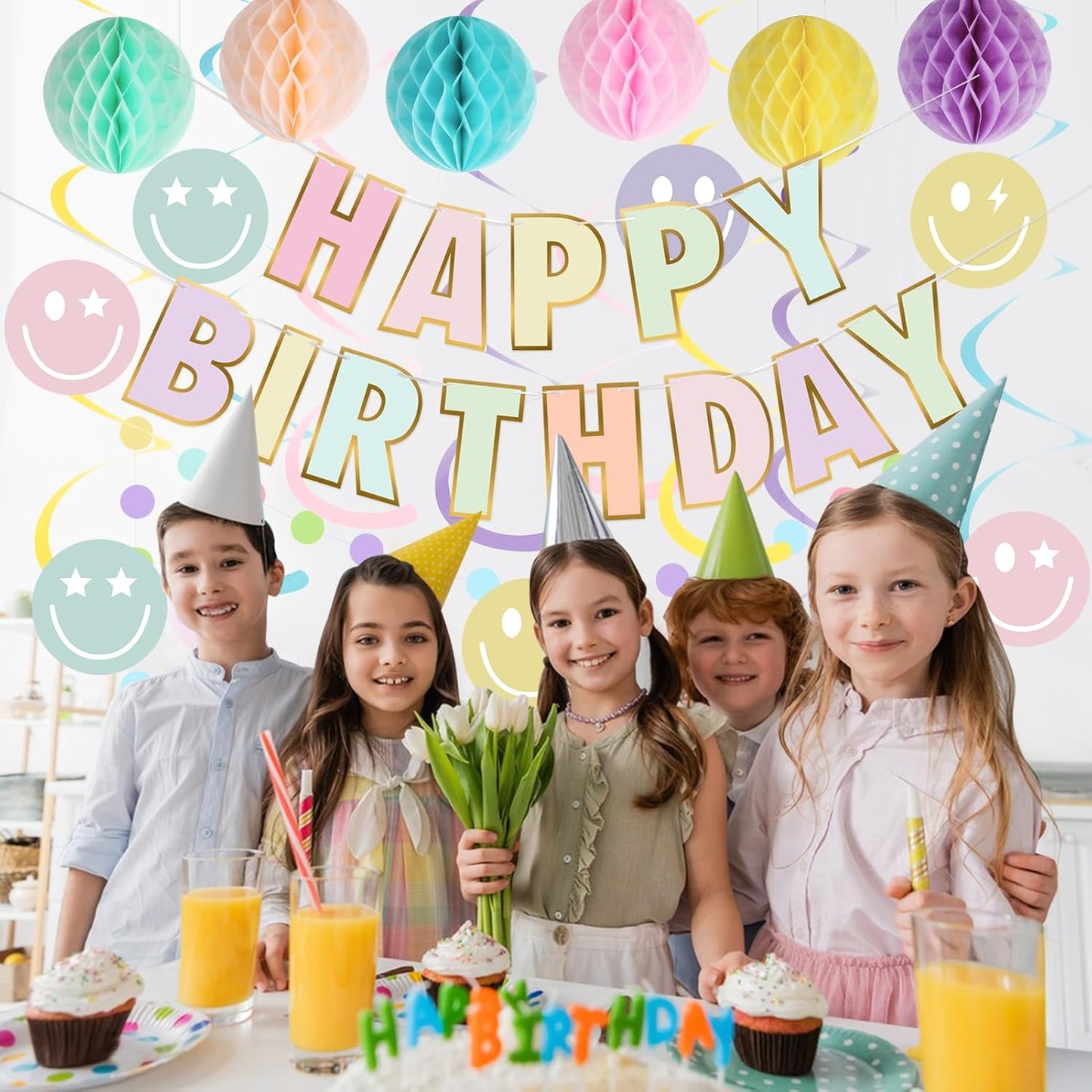 Birthday Decorations, NO DIY, Pre-Strung Happy Birthday Banner with Honeycomb Balls, Hanging Swirls, Circle Dots Garland, Happy Birthday Party Decorations for Women Men Boys Girls (Pastel)
