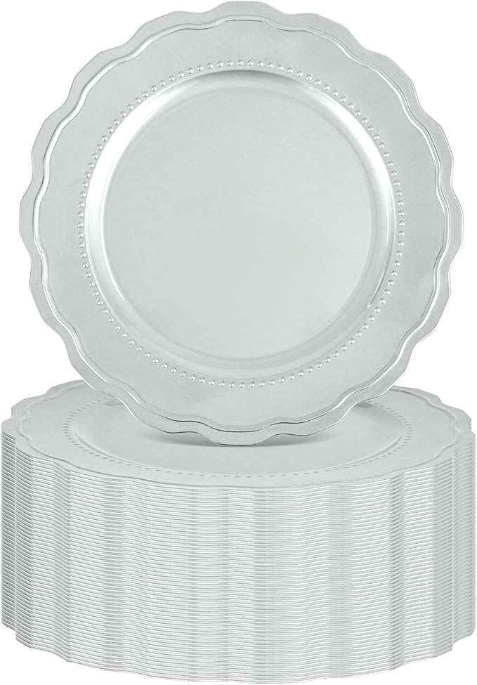 50 Pcs Silver Charger Plates with Wavy Edges, 13 Inch Round Bulk Charger Plate,Elegant Reusable Plastic Dinner Chargers Plates for Wedding Holiday Party Baby Shower Event Decoration (Silver)