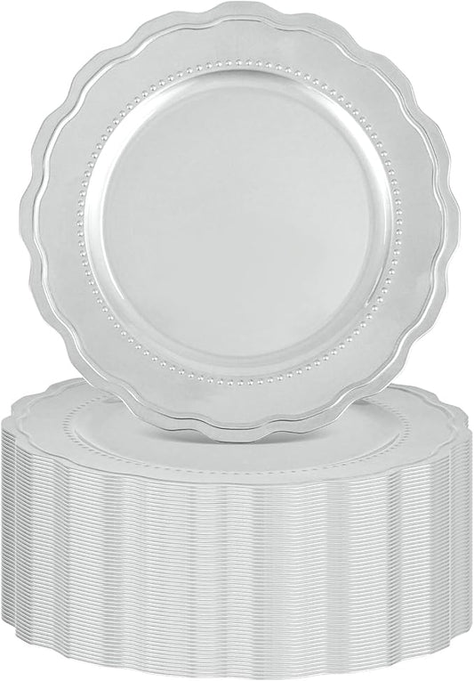50 Pcs Silver Charger Plates with Wavy Edges, 13 Inch Round Bulk Charger Plate,Elegant Reusable Plastic Dinner Chargers Plates for Wedding Holiday Party Baby Shower Event Decoration (Silver)