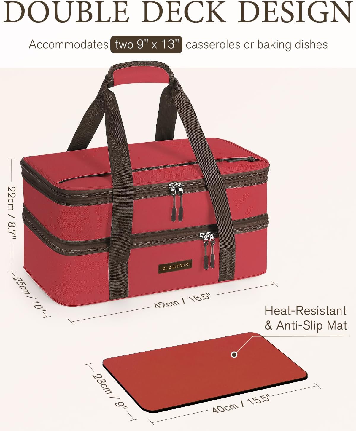 Insulated Casserole Carrier for Hot or Cold Food 9x13 - Double Deck Food Container Bag Warmer with Heat-Resistant Mat for Potluck Parties Picnic Cookouts Fits 9" x 13" Casserole or Baking Dish