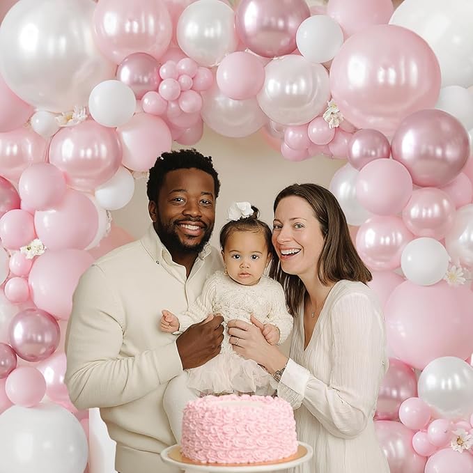 Pink and White Balloons Arch Kit, Double Stuffed Pastel Pink Balloon Garland Include Light Pearl Pink White and Metallic Pink Balloons for Coquette Wedding Birthday Party Bridal Shower Decorations