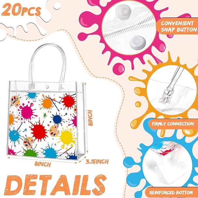 Aliceset 20 Pcs Paint Splatter Party Clear Treat Bag with Handles Painting Party Favor Bags Art Themed Goodies for Birthday Paint Splatter Decoration Candy Snack Baby Shower Supplies, 8x8x3.15 Inch