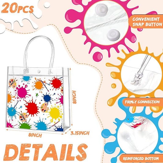 Aliceset 20 Pcs Paint Splatter Party Clear Treat Bag with Handles Painting Party Favor Bags Art Themed Goodies for Birthday Paint Splatter Decoration Candy Snack Baby Shower Supplies, 8x8x3.15 Inch