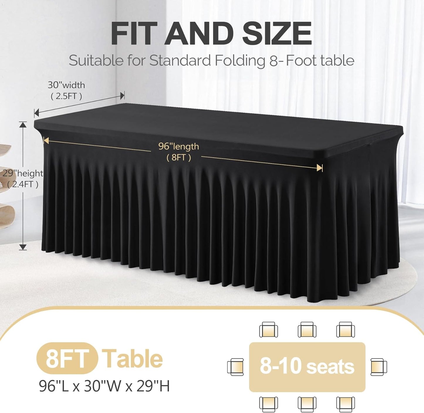 PARTISKY Black Spandex Tablecloth for 8ft Rectangle Tables, Stretchable Table Cover Skirt for Folding Tables Weddings Parties Banquets Events Trade Shows and Dessert Table