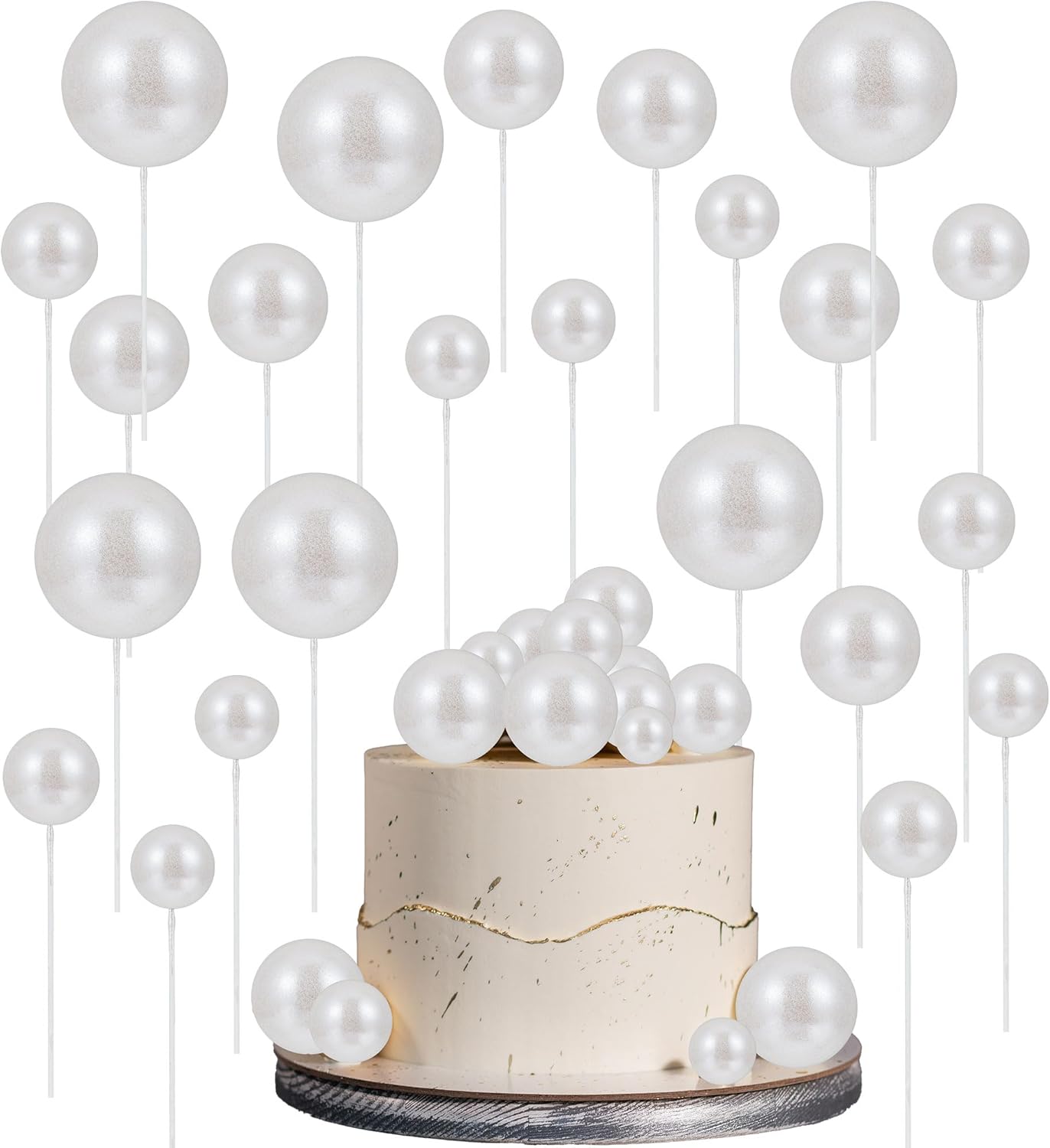 30Pcs Glitter Balls Cake Topper Foam Ball Cake Picks Mini Balloon DIY Cake Insert Topper Decoration for Baby Shower Wedding Anniversary Kids Birthday Graduation Party Cake Decorations Light White
