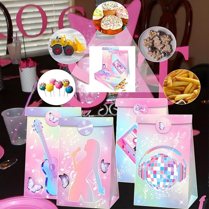 Inshinern Popular Singer Party Favors Bag Pink-Purple Decorations Pop Music Goodie Treat Bags 2 Styles Paper Gift Bag for Musical Theme Birthday Party,Graduations,Weddings,Bridal Baby Shower (12 Pcs)