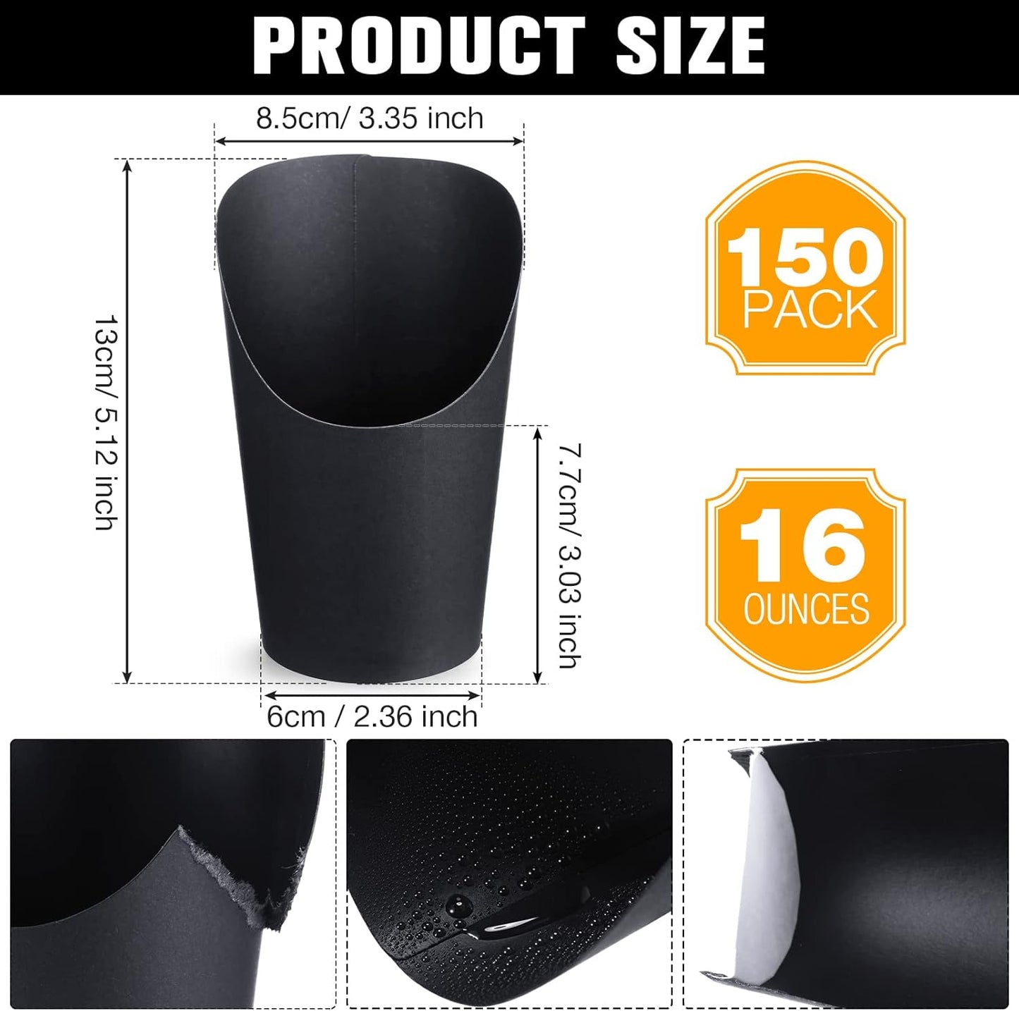 Rtteri 150 Pcs Disposable Charcuterie Cups 16 oz French Fry Cups Black Popcorn Box Kraft Paper for Halloween Party Serving Treats Dessert Snack Food
