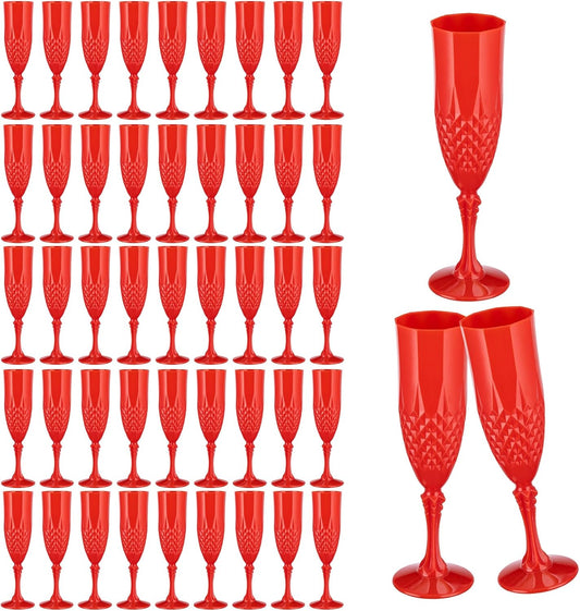 7.1OZ Plastic Champagne Flutes,48PCS Red Acrylic Wine Glasses Goblets Shatterproof Mimosa Bar Reusable Vintage Champagne Flutes Stemmed Drinking Cups for Weddings Bachelor Parties, Toasting,Christmas