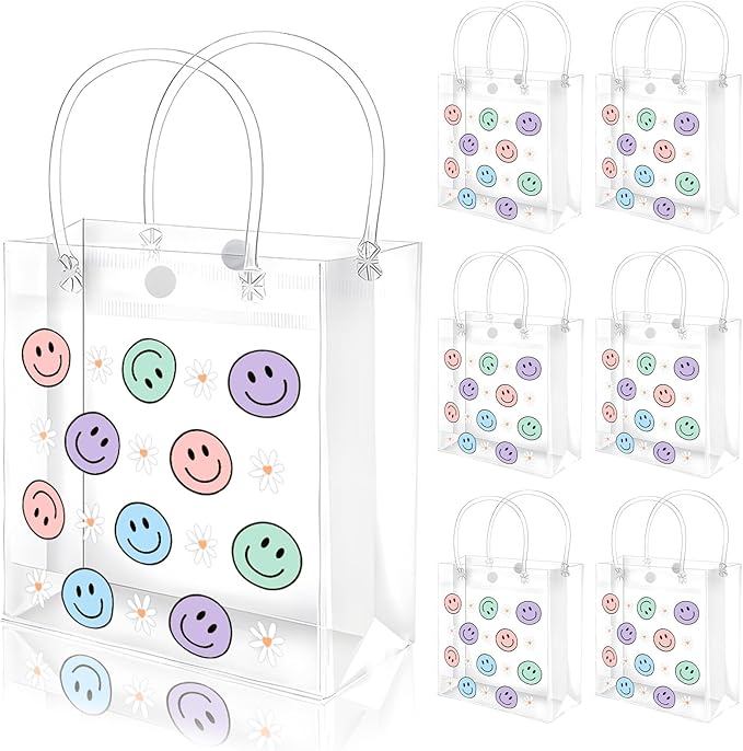 FYSUIMU 12 Pcs Boho Smile Face Clear PVC Gift Bags Colored Happy Face Daisy Flower Party Favor Bags with Handle Preppy Treat Tote Bag for Birthday Baby Shower Holiday