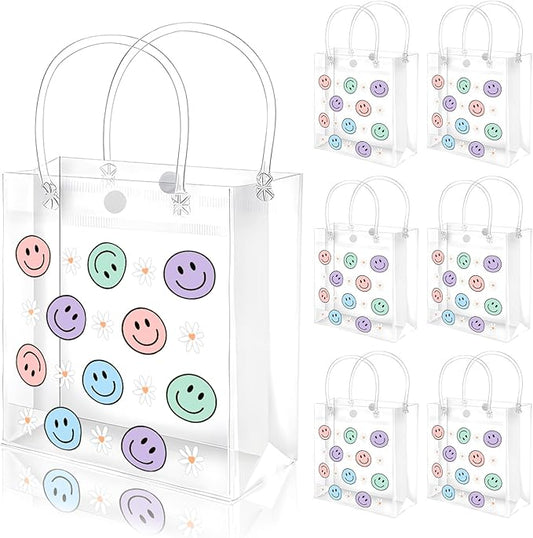FYSUIMU 12 Pcs Boho Smile Face Clear PVC Gift Bags Colored Happy Face Daisy Flower Party Favor Bags with Handle Preppy Treat Tote Bag for Birthday Baby Shower Holiday