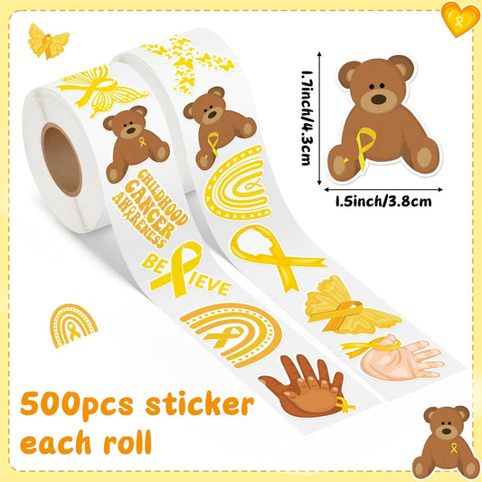 Childhood Cancer Awareness Sticker - 1000pcs Yellow Ribbon Waterproof Vinyl Reusable Laptop Stickers Roll Book Scrapbook Water Bottle Page Activity Pad Summer Birthday Party Favors Skateboard
